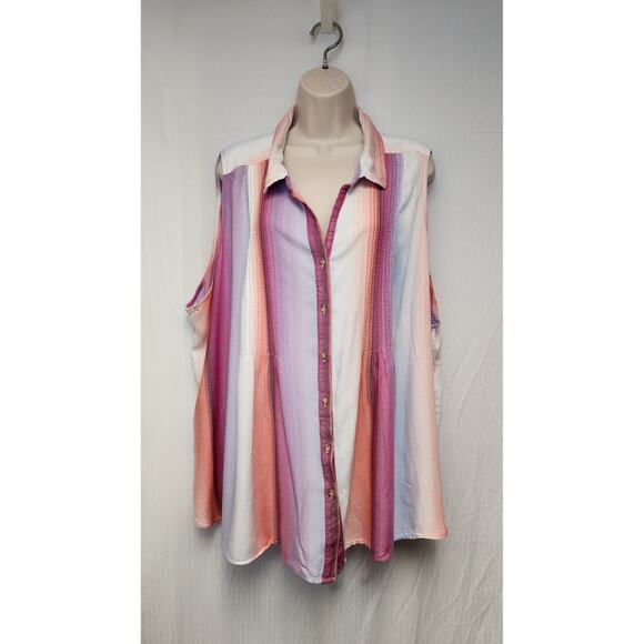 Terra & Sky Ombre Stripe/Orchid Bloom Women's Plus Size Pintuck Camp Shrit 4X - Picture 3 of 7